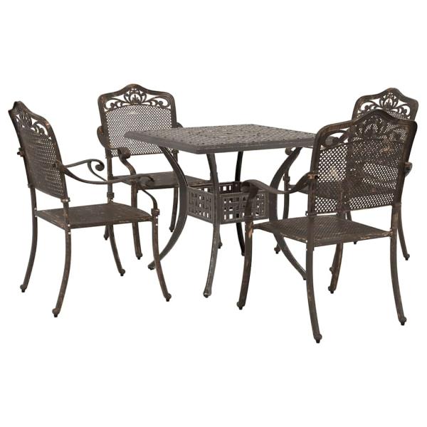5-teiliges Garten-Esszimmer-Set aus bronzefarbenem Gusseisen
