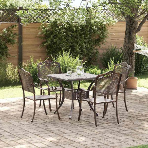 5-teiliges Garten-Esszimmer-Set aus bronzefarbenem Gusseisen