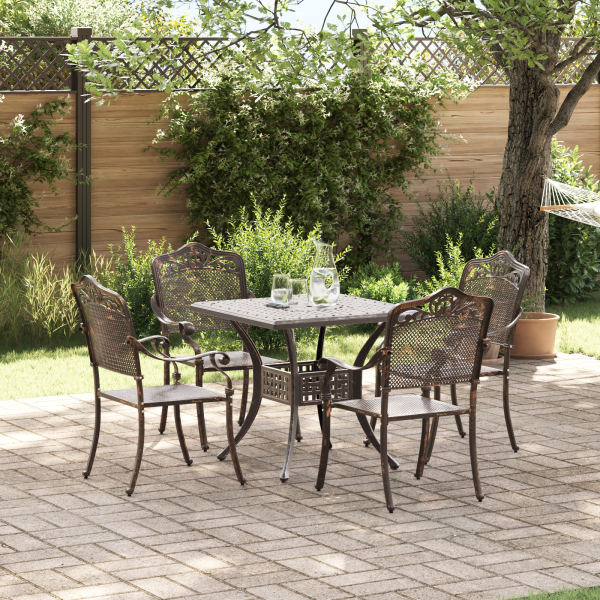 5-teiliges Garten-Esszimmer-Set aus bronzefarbenem Gusseisen