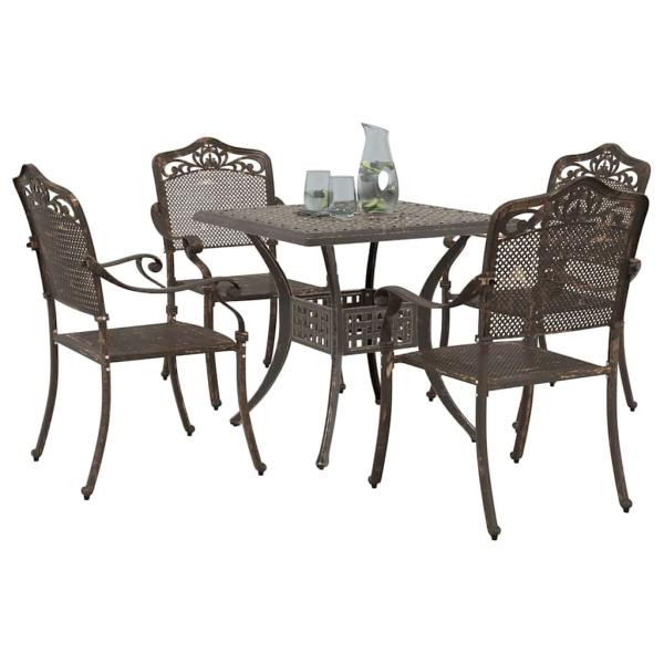 5-teiliges Garten-Esszimmer-Set aus bronzefarbenem Gusseisen