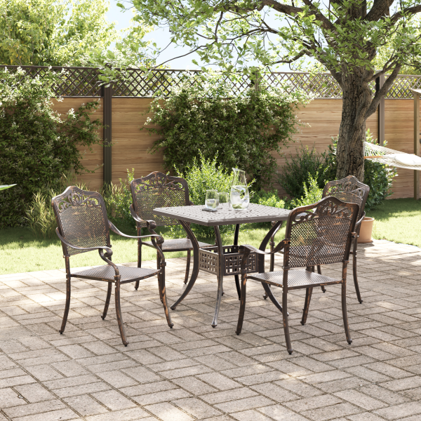 5-teiliges Garten-Esszimmer-Set aus bronzefarbenem Gusseisen