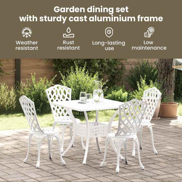 5-teiliges Garten-Esszimmer-Set aus weißem Gusseisen