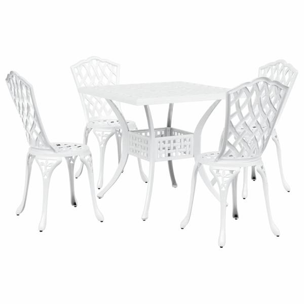 5-teiliges Garten-Esszimmer-Set aus weißem Gusseisen