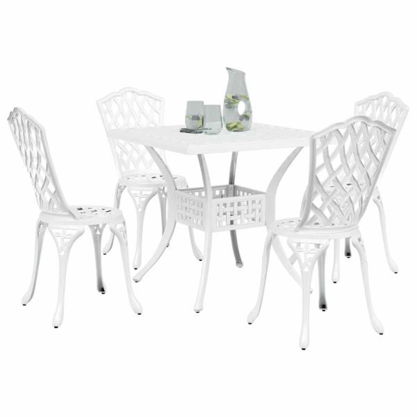 5-teiliges Garten-Esszimmer-Set aus weißem Gusseisen