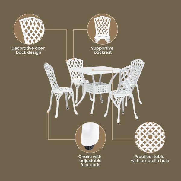5-teiliges Garten-Esszimmer-Set aus weißem Gusseisen