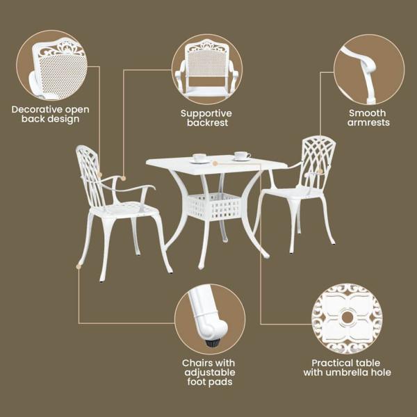 3-teiliges Gartenbistro-Set aus weißem Gussaluminium