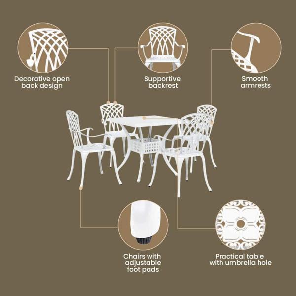 5-teiliges Garten-Esszimmer-Set aus weißem Gusseisen
