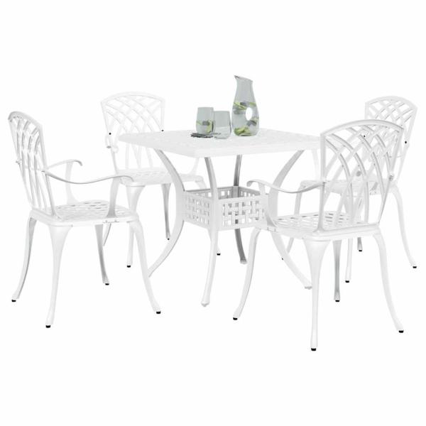 5-teiliges Garten-Esszimmer-Set aus weißem Gusseisen