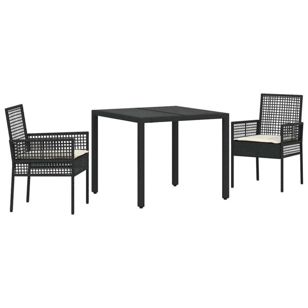 3-teiliges Garten-Esszimmer-Set mit Kissen Schwarz Poly-Rattan