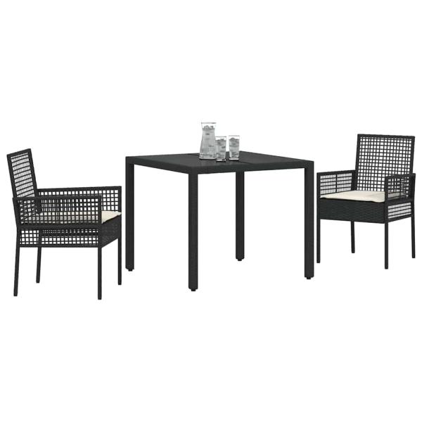 3-teiliges Garten-Esszimmer-Set mit Kissen Schwarz Poly-Rattan