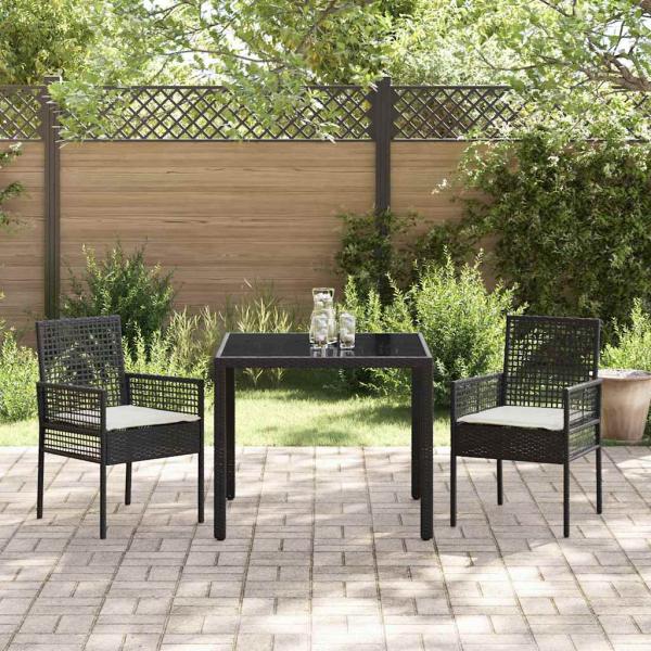 3-teiliges Garten-Esszimmer-Set mit Kissen Schwarz Poly-Rattan