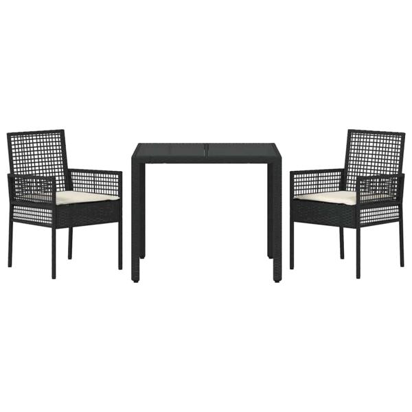 3-teiliges Garten-Esszimmer-Set mit Kissen Schwarz Poly-Rattan