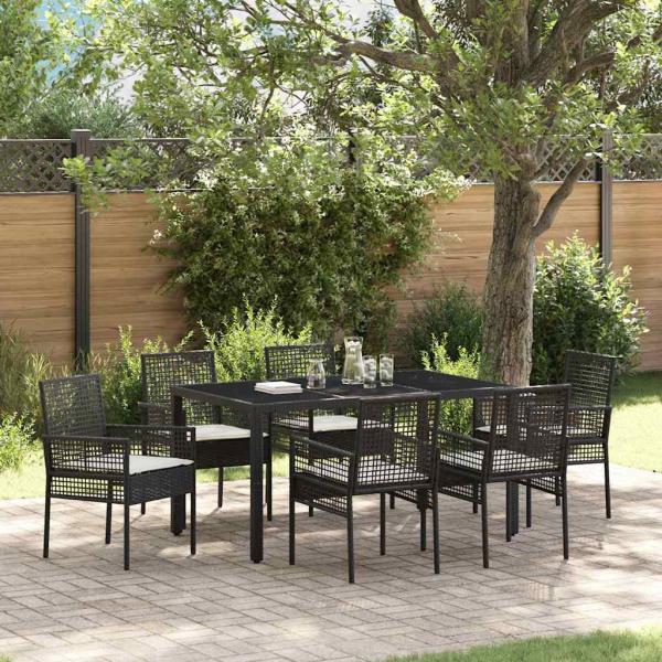 ARDEBO.de - 7-teiliges Garten Essset mit Kissen Schwarz Poly Rattan