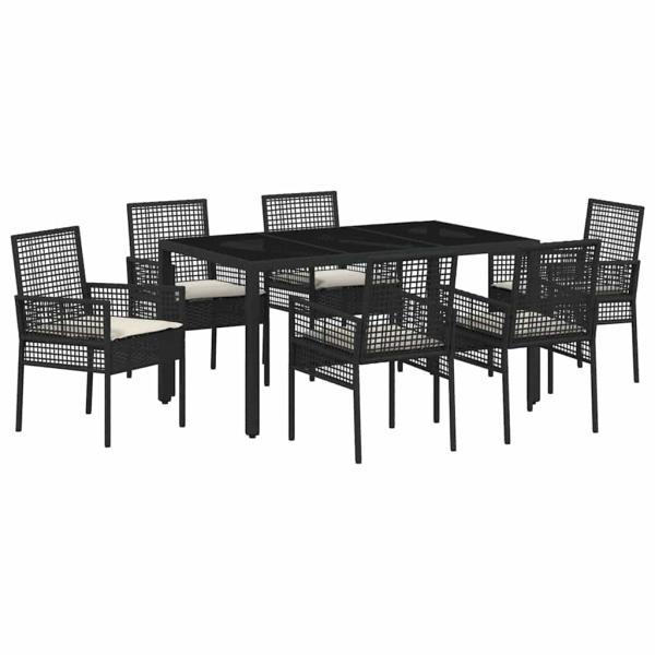 7-teiliges Garten Essset mit Kissen Schwarz Poly Rattan