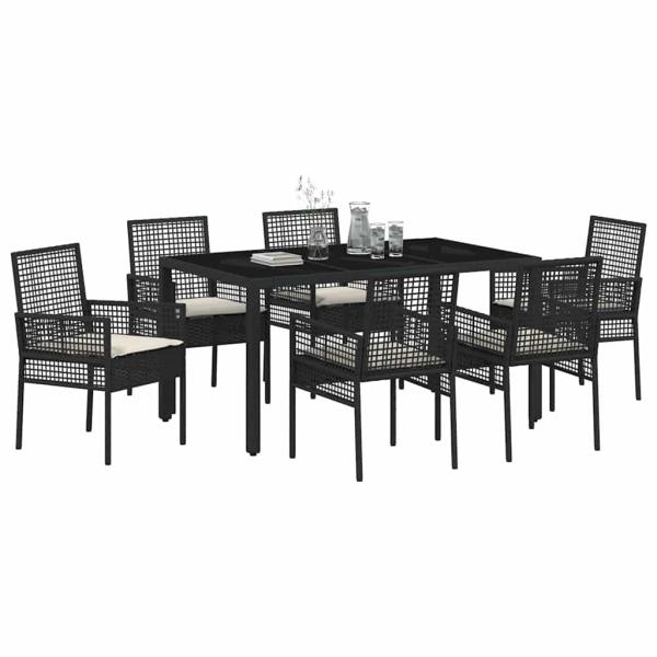 7-teiliges Garten Essset mit Kissen Schwarz Poly Rattan