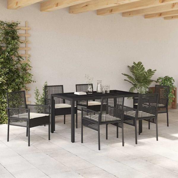7-teiliges Garten Essset mit Kissen Schwarz Poly Rattan