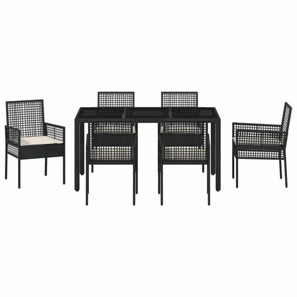 7-teiliges Garten Essset mit Kissen Schwarz Poly Rattan