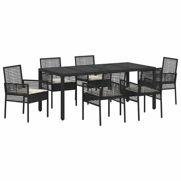 7-teiliges Garten-Dining-Set mit Kissen Schwarz Poly Rattan