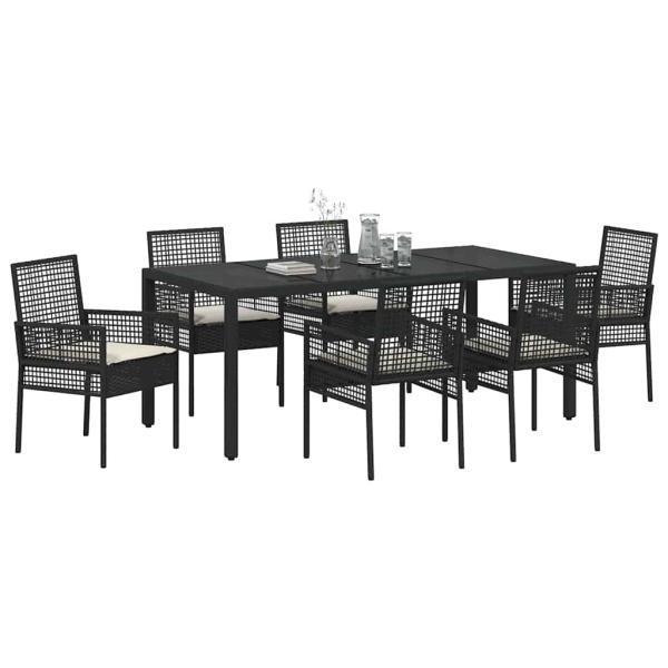 7-teiliges Garten-Dining-Set mit Kissen Schwarz Poly Rattan