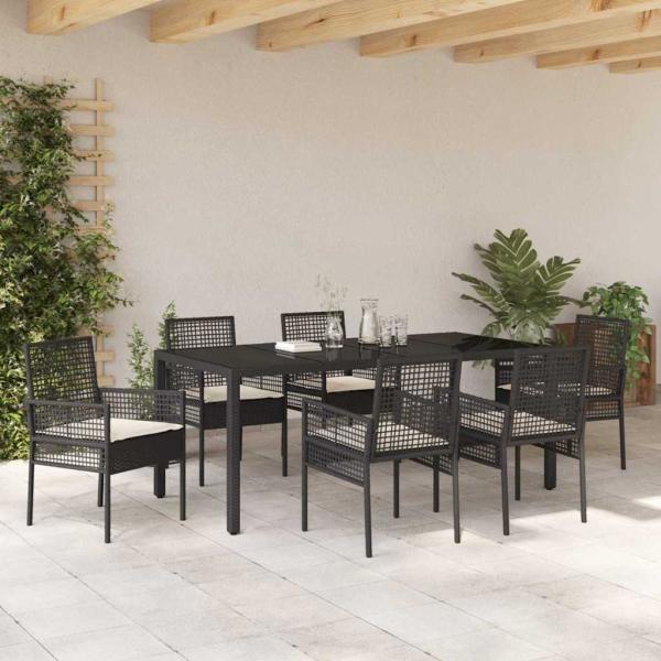 7-teiliges Garten-Dining-Set mit Kissen Schwarz Poly Rattan
