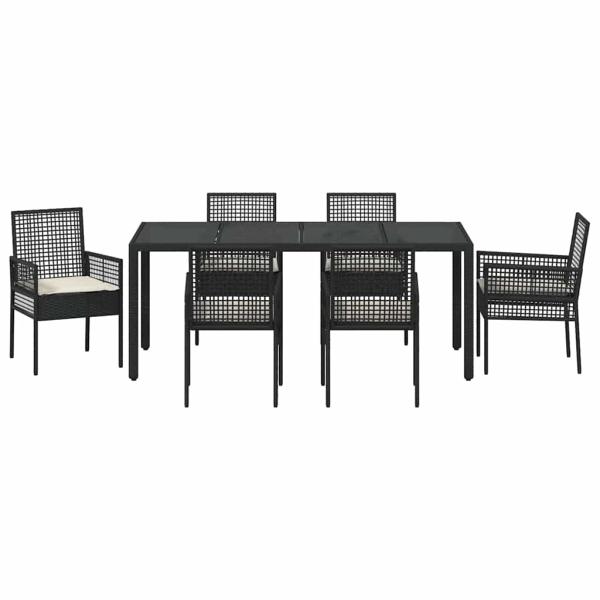 7-teiliges Garten-Dining-Set mit Kissen Schwarz Poly Rattan