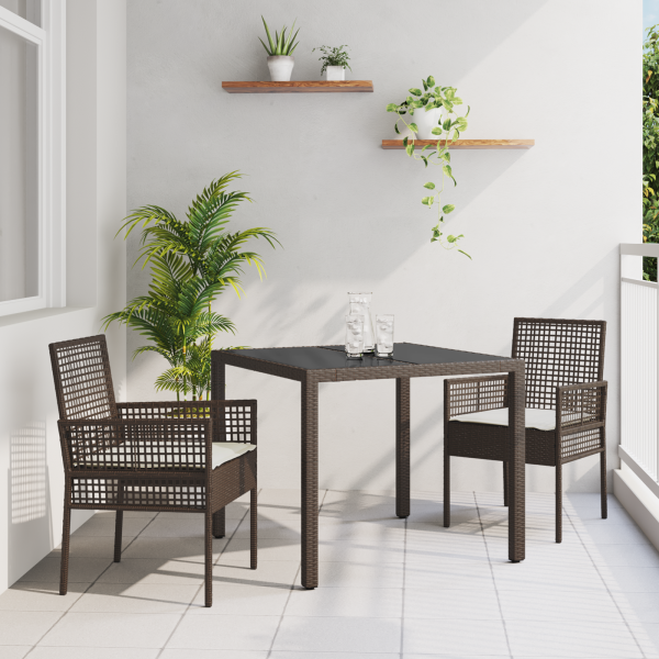 3-teiliges Garten-Esszimmer-Set mit Kissen Braun Poly Rattan