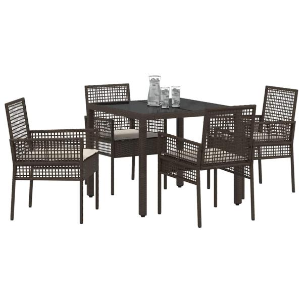 5-teiliges Garten-Esszimmer-Set mit Kissen aus braunem Poly-Rattan