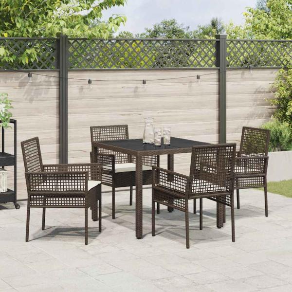 5-teiliges Garten-Esszimmer-Set mit Kissen aus braunem Poly-Rattan