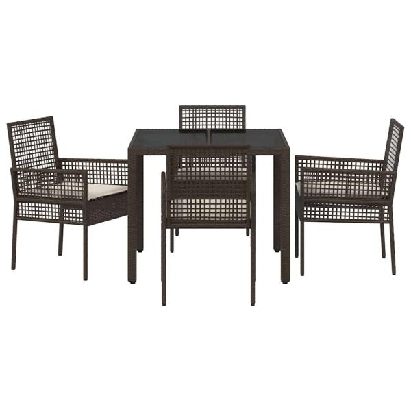 5-teiliges Garten-Esszimmer-Set mit Kissen aus braunem Poly-Rattan