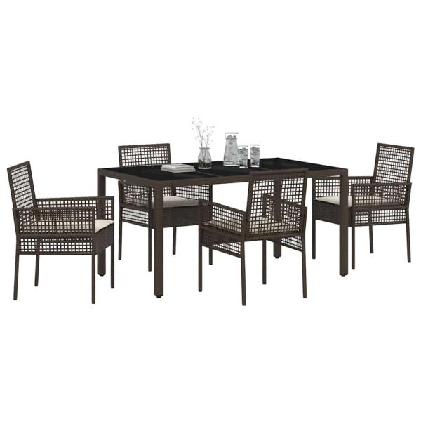 5-teiliges Garten-Ess-Set mit Kissen Braun Poly Rattan
