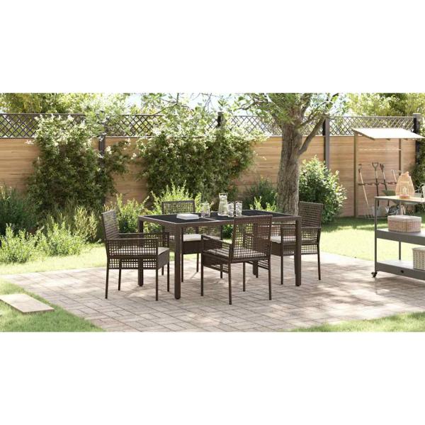 5-teiliges Garten-Ess-Set mit Kissen Braun Poly Rattan