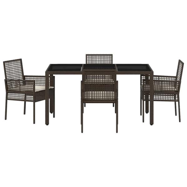 5-teiliges Garten-Ess-Set mit Kissen Braun Poly Rattan