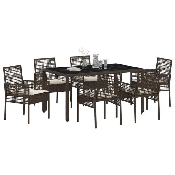 7-teiliges Garten-Dining-Set mit Kissen in Braunem Poly-Rattan