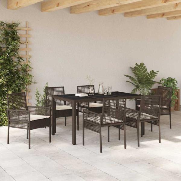 7-teiliges Garten-Dining-Set mit Kissen in Braunem Poly-Rattan
