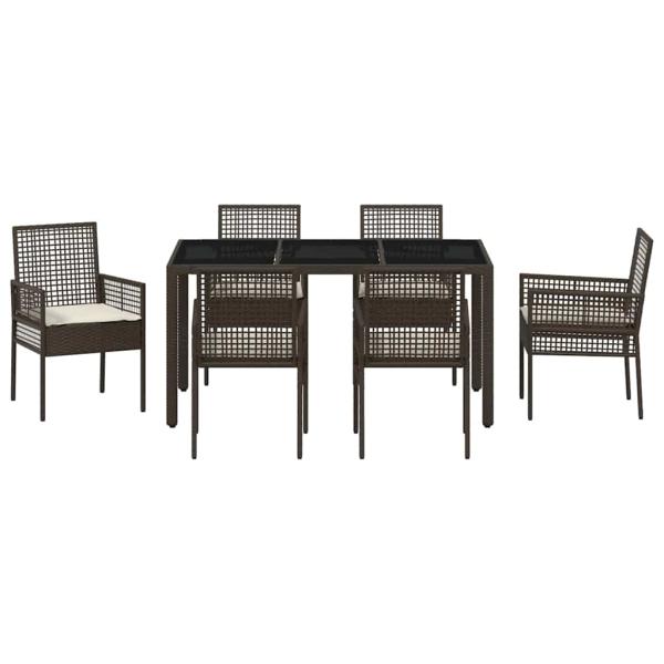 7-teiliges Garten-Dining-Set mit Kissen in Braunem Poly-Rattan