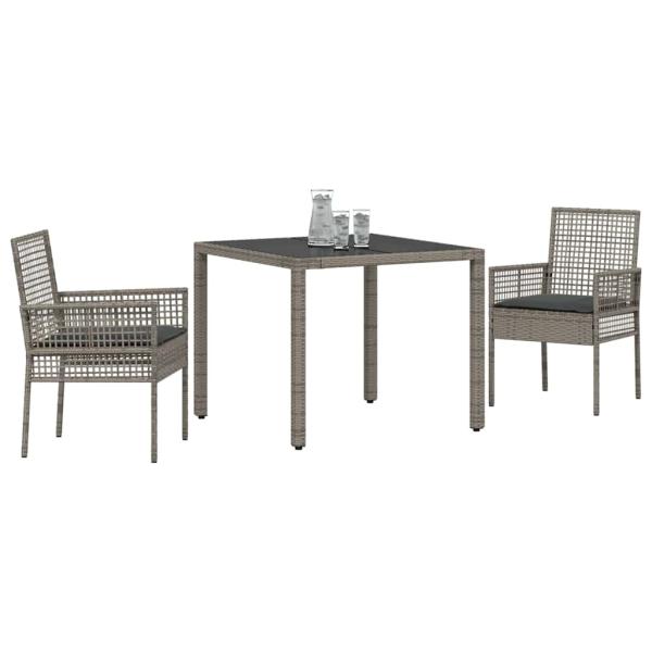3-teiliges Garten-Dining-Set mit Kissen Grau Poly-Rattan