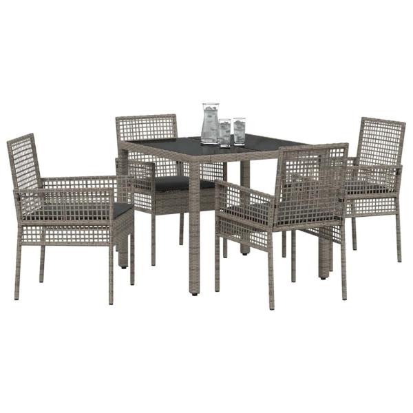 5-teiliges Garten-Esszimmer-Set mit Kissen Grau Poly-Rattan