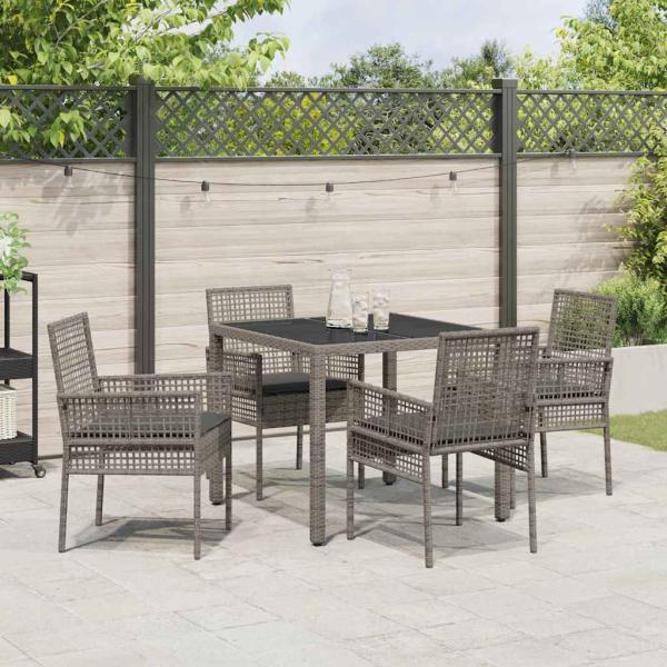 5-teiliges Garten-Esszimmer-Set mit Kissen Grau Poly-Rattan