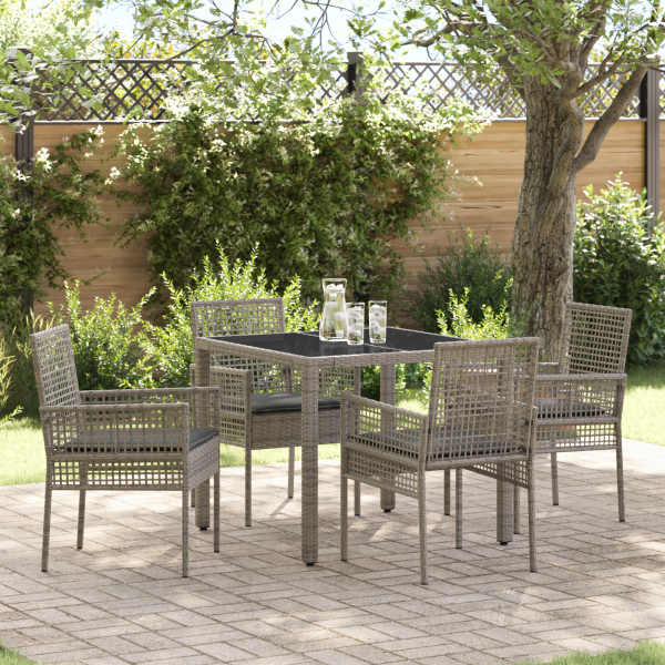 5-teiliges Garten-Esszimmer-Set mit Kissen Grau Poly-Rattan