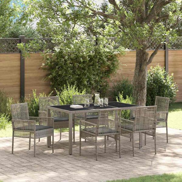 ARDEBO.de - 7-teilige Garten-Essgruppe mit Kissen Grau Poly Rattan