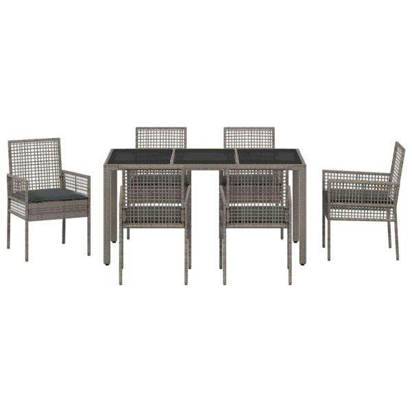 7-teilige Garten-Essgruppe mit Kissen Grau Poly Rattan