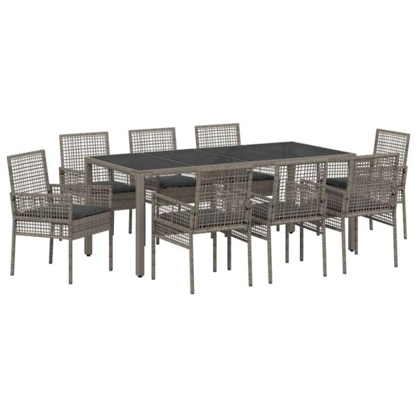 9-teiliges Gartentischset mit Kissen Grau Poly Rattan