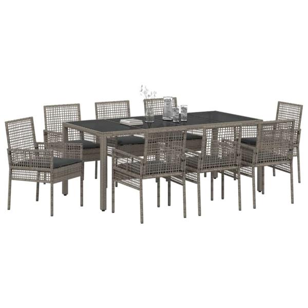 9-teiliges Gartentischset mit Kissen Grau Poly Rattan