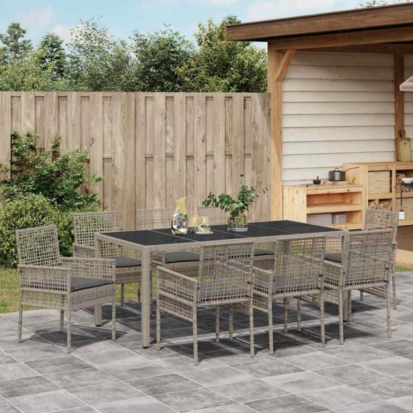 9-teiliges Gartentischset mit Kissen Grau Poly Rattan