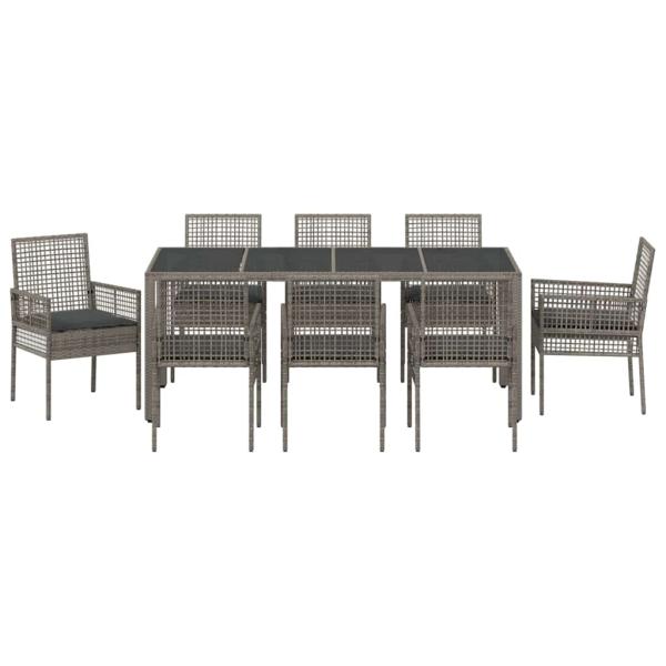 9-teiliges Gartentischset mit Kissen Grau Poly Rattan