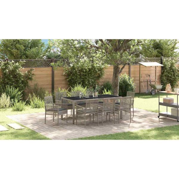 9-teiliges Gartentischset mit Kissen Grau Poly Rattan
