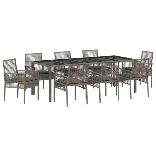 9-teiliges Garten-Diningset mit Kissen Grau Poly Rattan