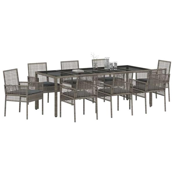 9-teiliges Garten-Diningset mit Kissen Grau Poly Rattan