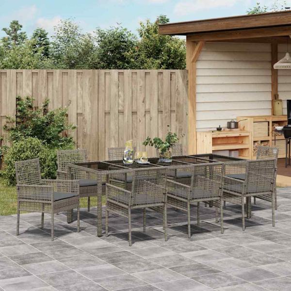 9-teiliges Garten-Diningset mit Kissen Grau Poly Rattan