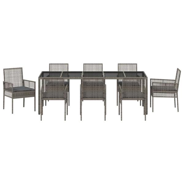 9-teiliges Garten-Diningset mit Kissen Grau Poly Rattan
